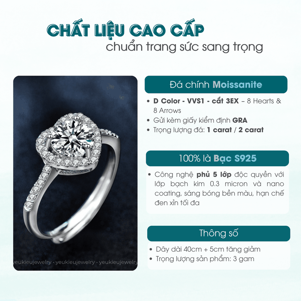 Heart Halo Ring | Nhẫn Moissanite 2 Carat Round Cut | Sterling Silver 925 | Kèm Giấy Kiểm Định GRA