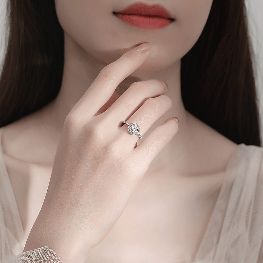 Camellia Halo Ring | Nhẫn Moissanite 2 Carat Round Cut | Sterling Silver 925 | Kèm Giấy Kiểm Định GRA