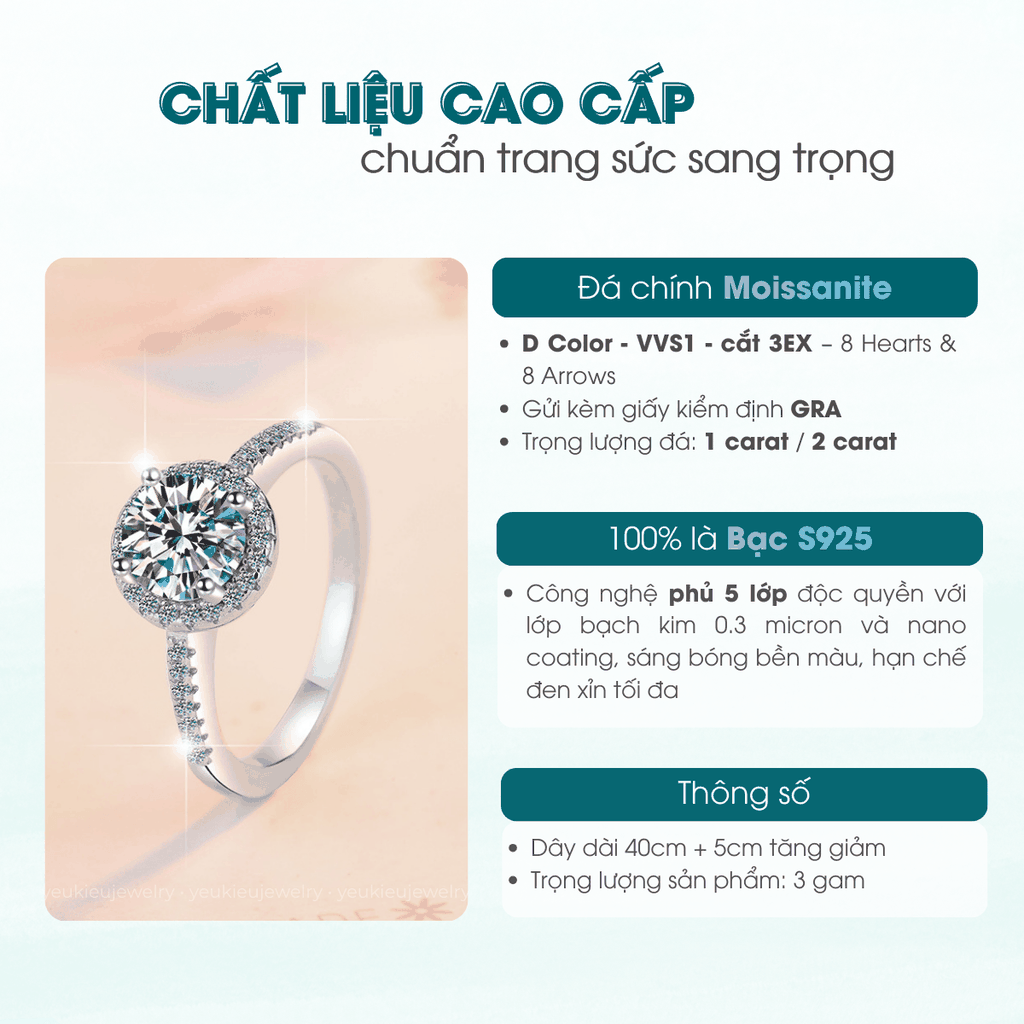 Camellia Halo Ring | Nhẫn Moissanite 2 Carat Round Cut | Sterling Silver 925 | Kèm Giấy Kiểm Định GRA