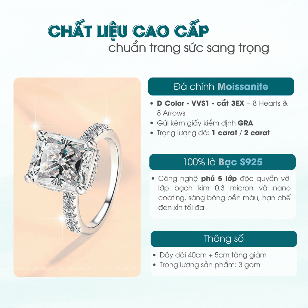 Eternal Princess Solitaire Ring | Nhẫn Moissanite 2 Carat Radiant Cut | Sterling Silver 925 | Kèm Giấy Kiểm Định GRA
