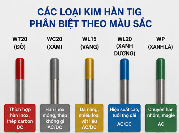Các loại kim hàn TIG phân biệt theo màu sắc