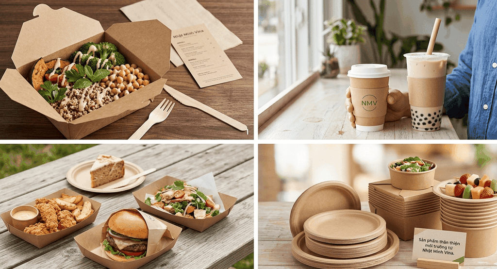 Một stack tổng hợp các dụng cụ giấy: đĩa giấy, tô giấy các loại, hộp takeaway được sắp xếp trên bàn gỗ. Phía trước có biển hiệu nhỏ: 'Sản phẩm thân thiện môi trường từ Nhật Minh Vina.'