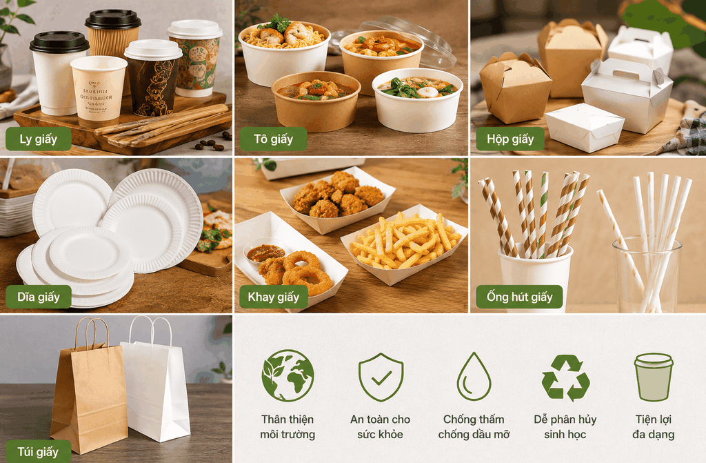 Tổng hợp các dụng cụ bằng giấy gồm ly giấy, tô giấy, hộp giấy, dĩa giấy, khay giấy, ống hút giấy và túi giấy thân thiện môi trường