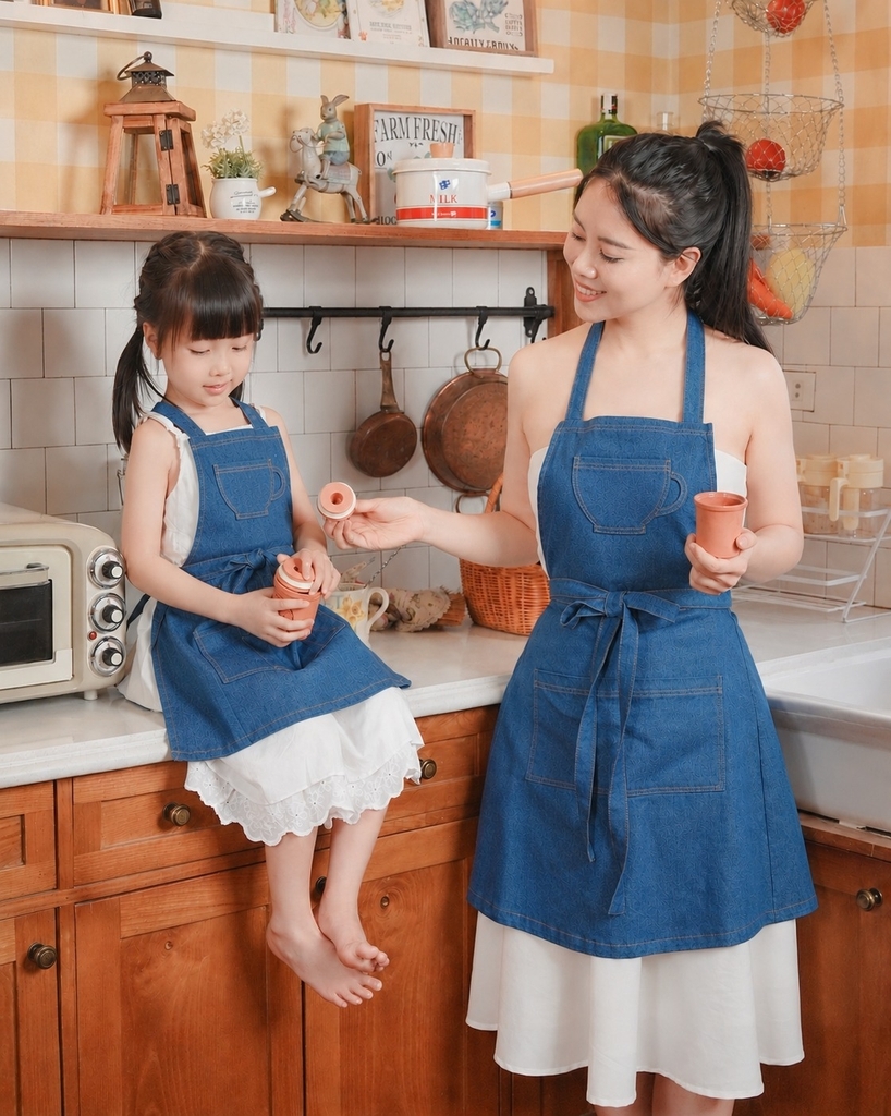 Tạp Dề Denim Cotton Hiện Đại – Tạp Dề Thời Trang Cao Cấp -  Dành Cho Mẹ Và Bé - Set ĐẬM