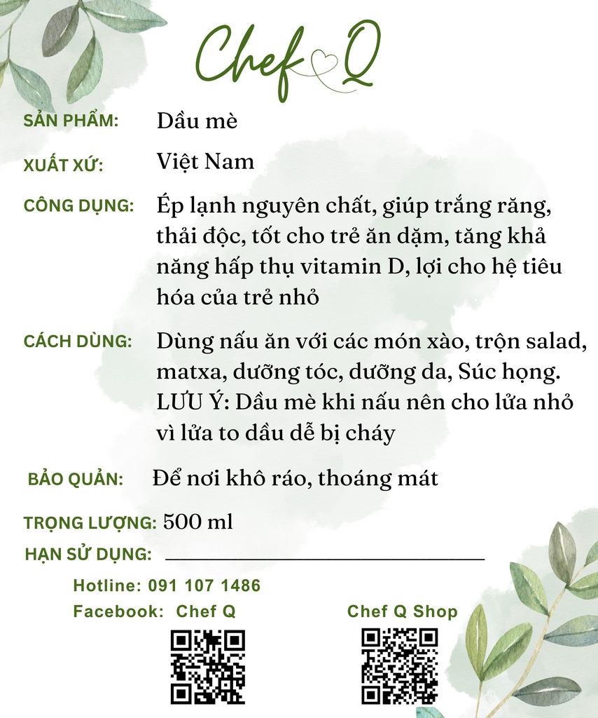 Dầu vừng (Dầu mè) ép lạnh, thô, nguyên chất