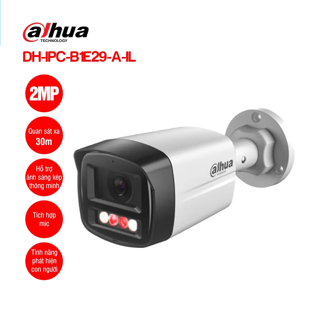 Camera IP Dahua Thân trụ ECO 2MP DH-IPC-B1E29-A-IL Smart Dual Light, tích hợp MIC, phát hiện người