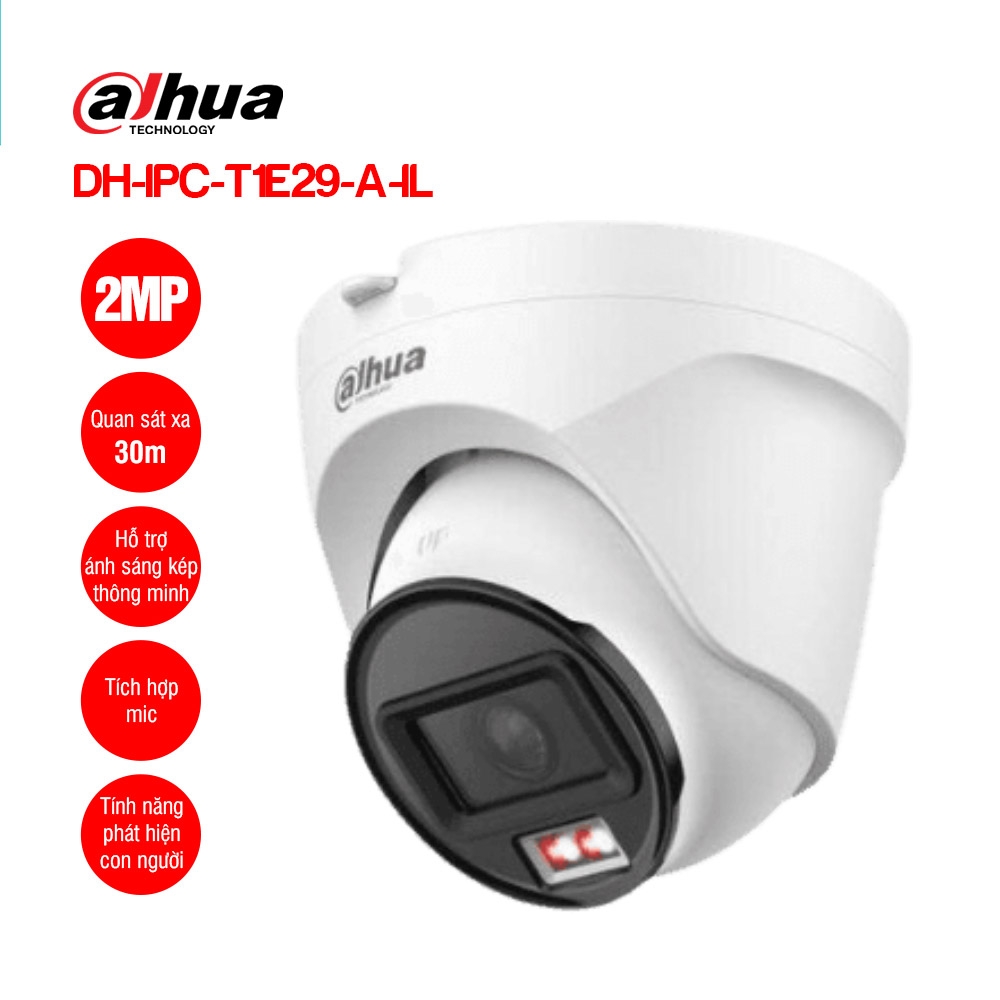 Camera IP Dahua Dome ECO 2MP DH-IPC-T1E29-A-IL Smart Dual Light,  tích hợp MIC, phát hiện con người