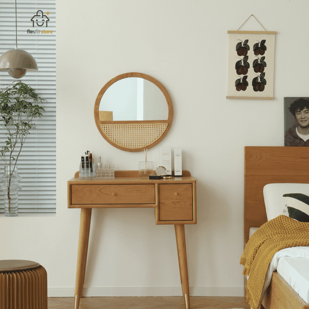 GƯƠNG DECOR TRÒN KHUNG GỖ TẦN BÌ PHỐI MÂY MẮT CÁO PHONG CÁCH JAPANDI