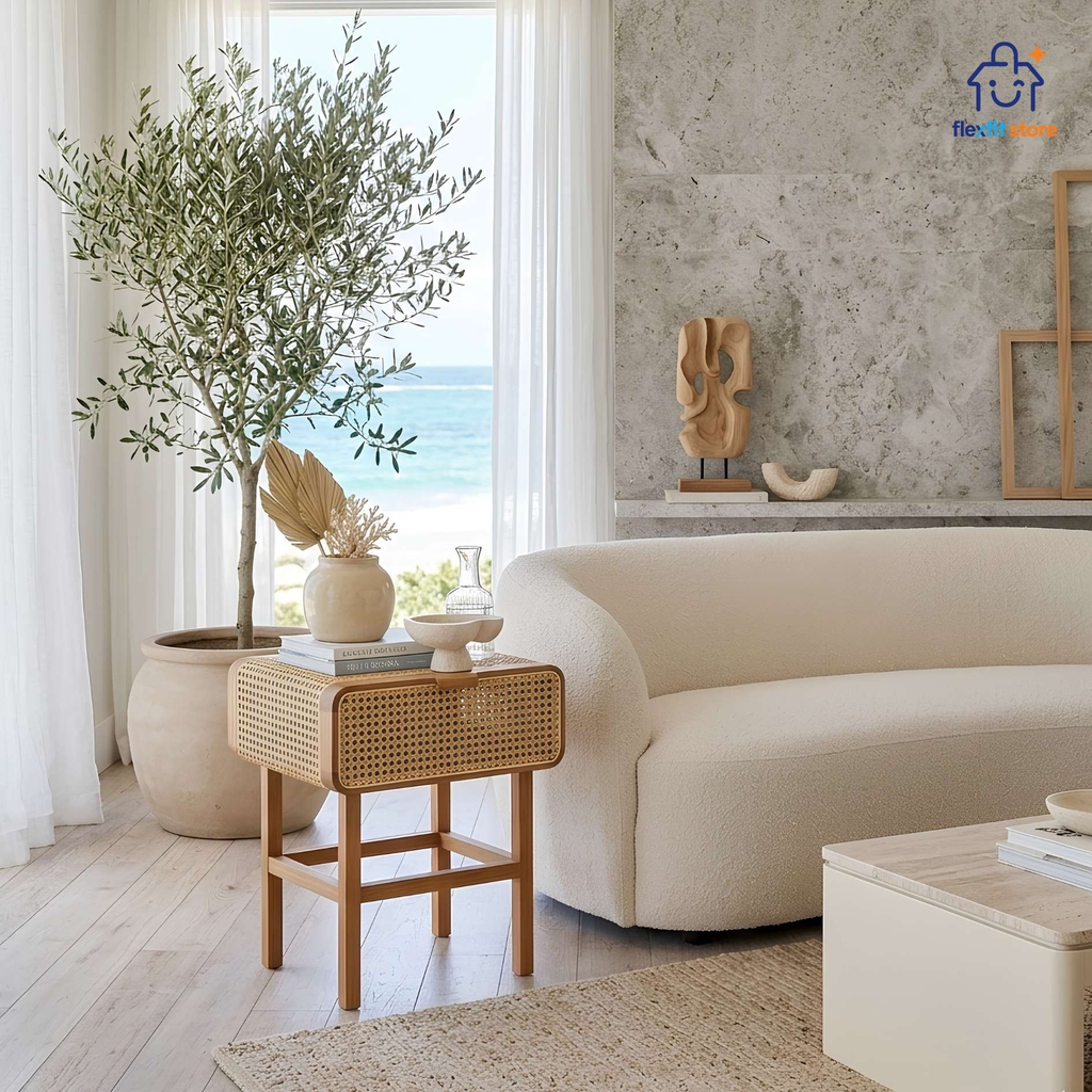 Tủ Tab Đầu Giường Gỗ Tần Bì Phối Mây Mắt Cáo| Bàn Trà Cạnh Sofa Đa Năng | Japandi Wabi Sabi Cao Cấp