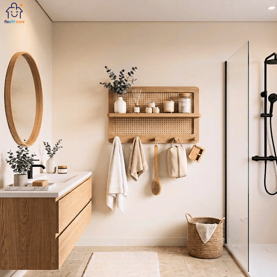 Kệ Treo Tường Gỗ Tần Bì Phối Mây Có Móc Treo Đa Năng | Decor Lối Vào Nhà Japandi | Flexfit Store