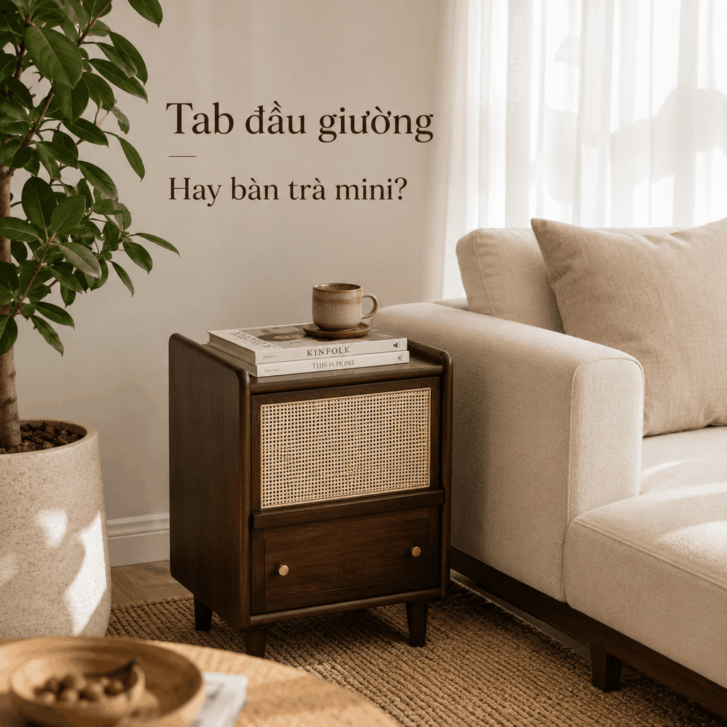 Tab Đầu Giường Gỗ Óc Chó Phối Mây Mắt Cáo Đa Năng | Phong Cách Japandi & Mid-Century Modern