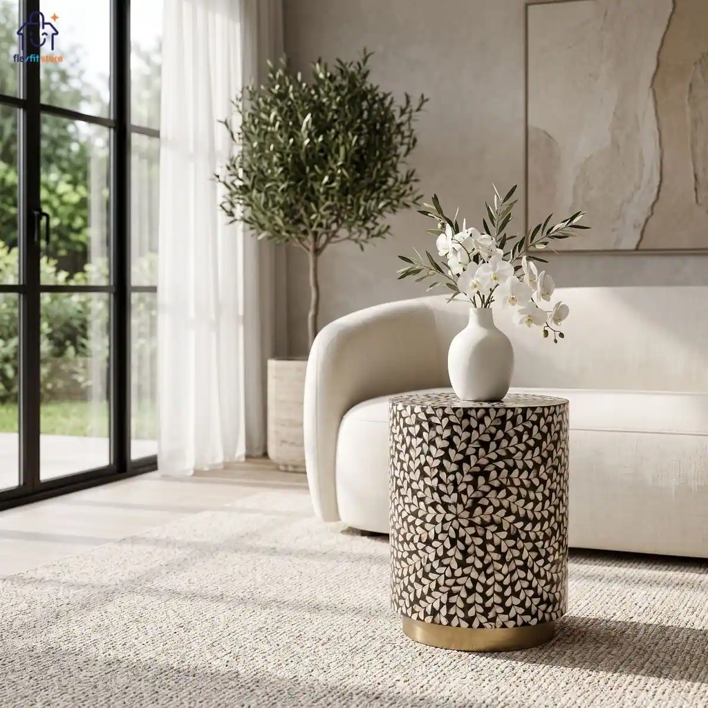 Đôn Khảm Trai Tròn Chân Đồng Cao Cấp | Decor Nội Thất Flexfit Store