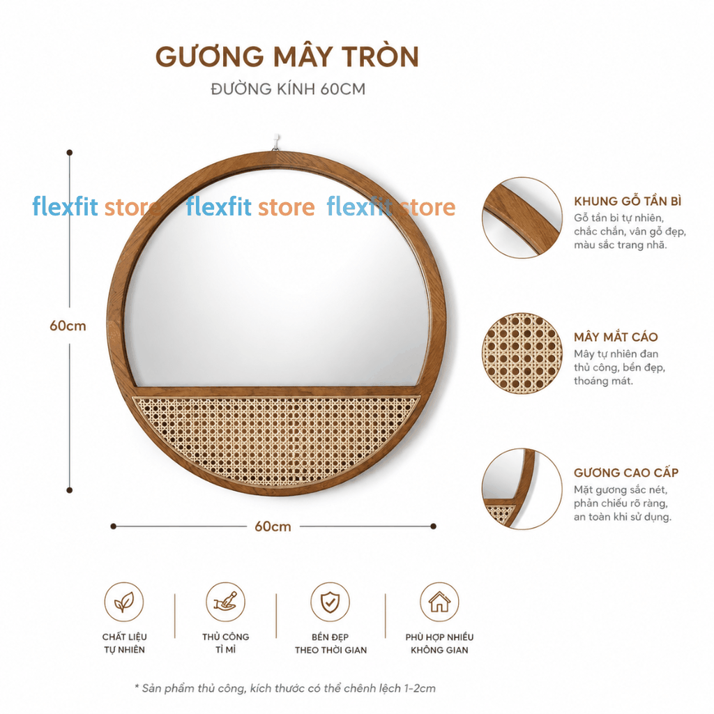 GƯƠNG DECOR TRÒN KHUNG GỖ TẦN BÌ PHỐI MÂY MẮT CÁO PHONG CÁCH JAPANDI