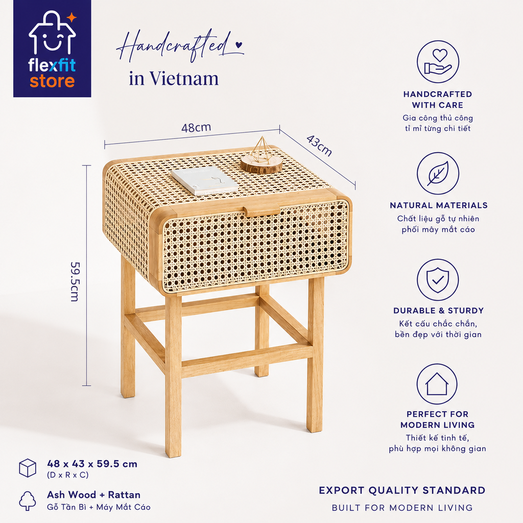 Tủ Tab Đầu Giường Gỗ Tần Bì Phối Mây Mắt Cáo| Bàn Trà Cạnh Sofa Đa Năng | Japandi Wabi Sabi Cao Cấp