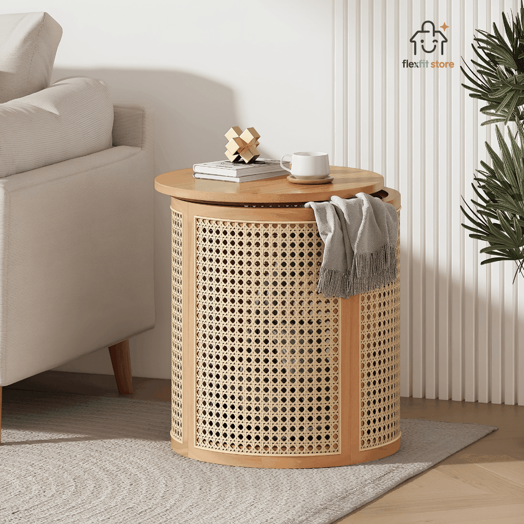 Bàn Trà Kiêm Tab Đầu Giường Gỗ Tần Bì Phối Mây Mắt Cáo | Tủ Lưu Trữ Đa Năng Japandi