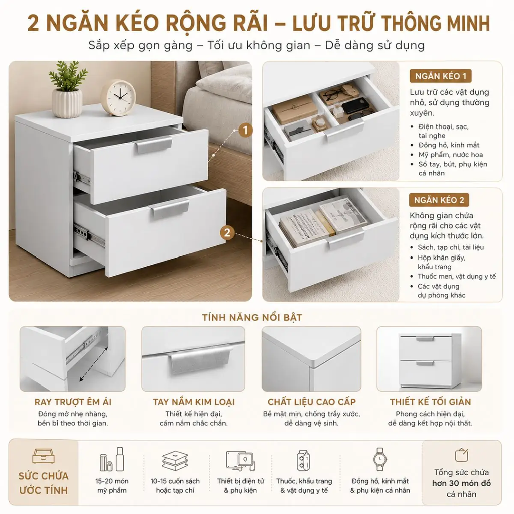 ROSIE Nightstand 2 - Tủ Đầu Giường 2 Tầng Tiện Lợi
