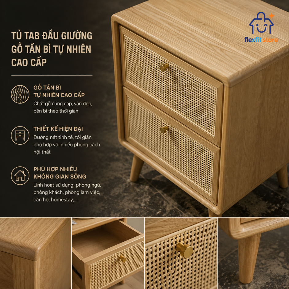 Tủ Tab Đầu Giường Gỗ Tần Bì Phối Mây 2 Ngăn | Tab Decor Đa Năng Japandi - Flexfit Store