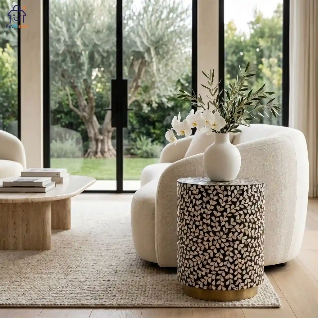 Đôn Khảm Trai Tròn Chân Đồng Cao Cấp | Decor Nội Thất Flexfit Store