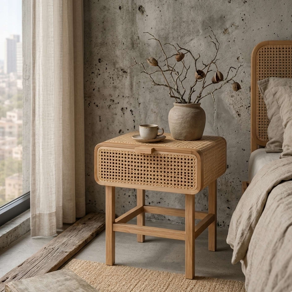 Tủ Tab Đầu Giường Gỗ Tần Bì Phối Mây Mắt Cáo| Bàn Trà Cạnh Sofa Đa Năng | Japandi Wabi Sabi Cao Cấp