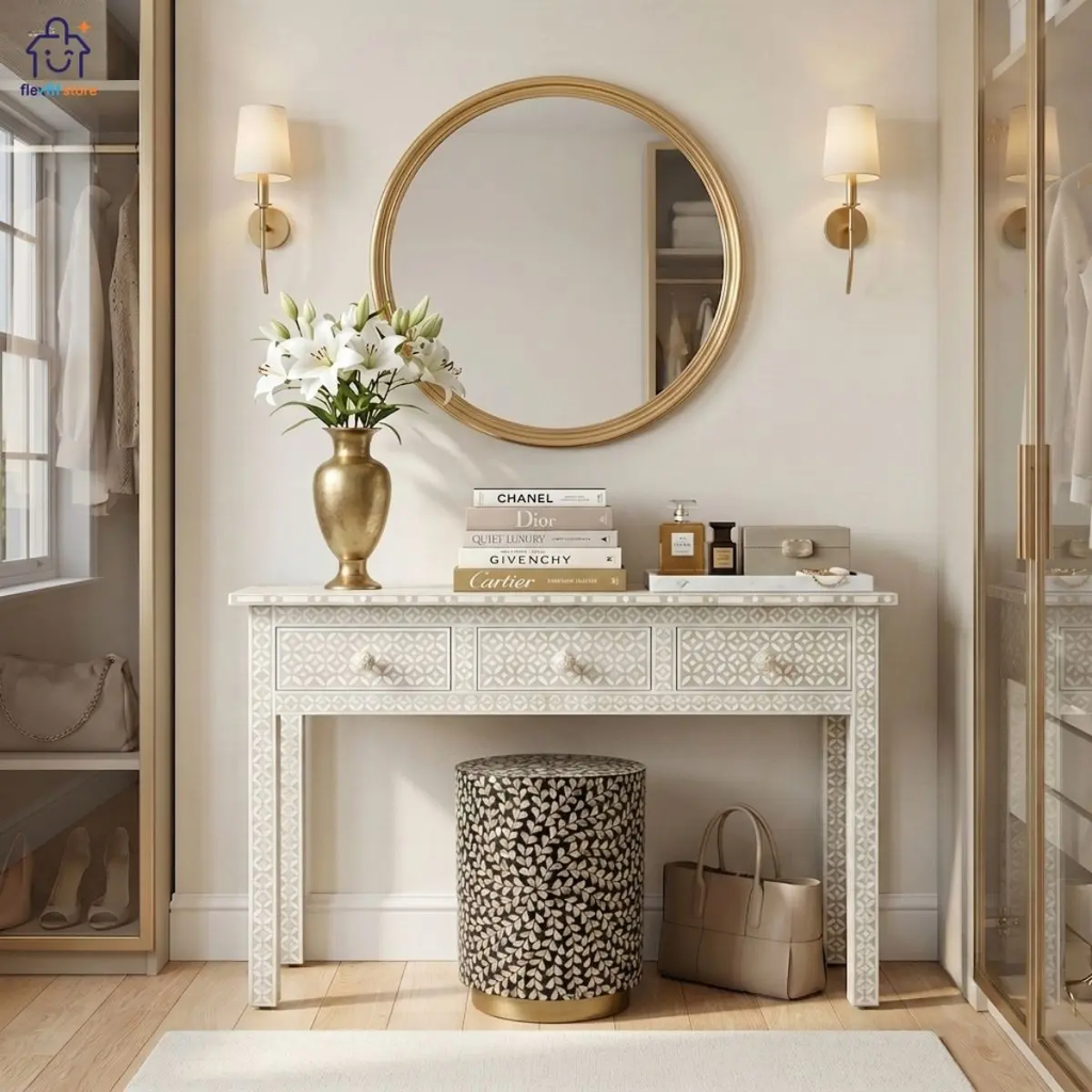Đôn Khảm Trai Tròn Chân Đồng Cao Cấp | Decor Nội Thất Flexfit Store