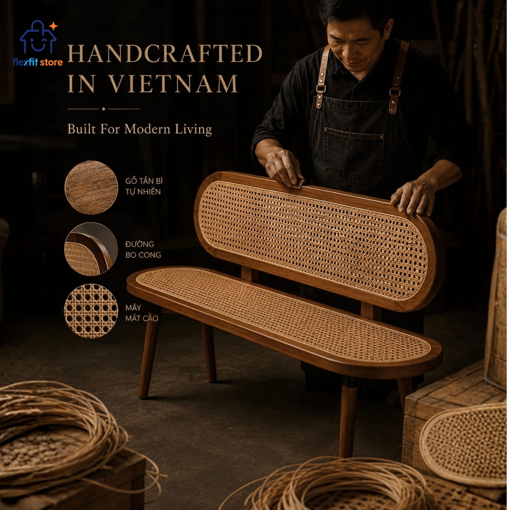 Ghế Băng Gỗ Tần Bì Phối Mây Mắt Cáo Phong Cách Japandi | Flexfit Store