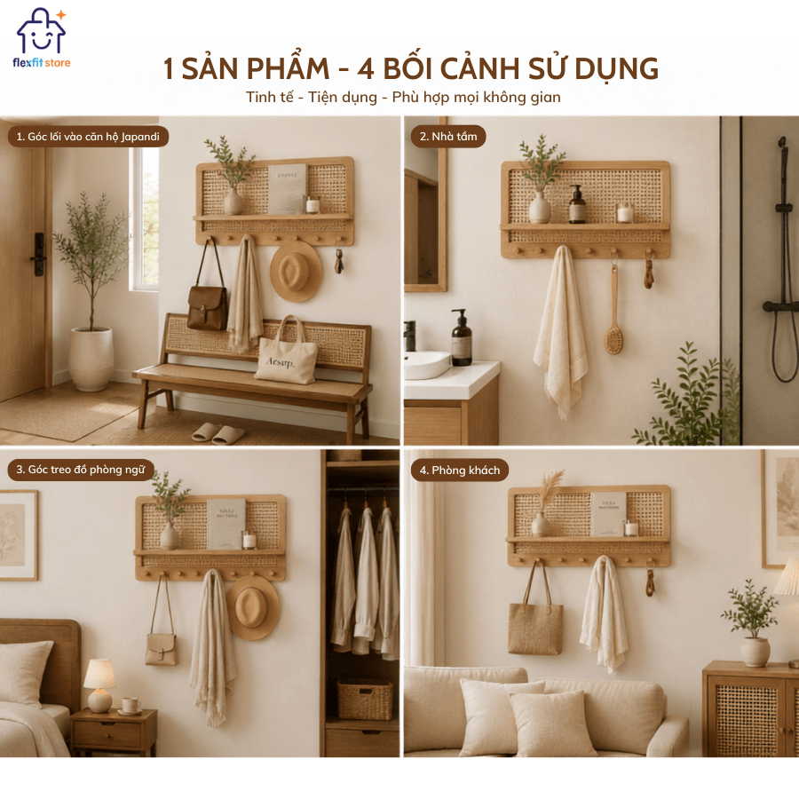 Kệ Treo Tường Gỗ Tần Bì Phối Mây Có Móc Treo Đa Năng | Decor Lối Vào Nhà Japandi | Flexfit Store