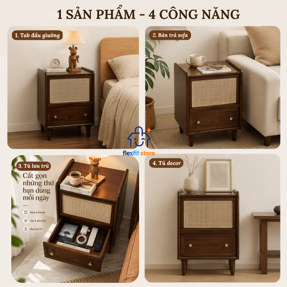 Tab Đầu Giường Gỗ Óc Chó Phối Mây Mắt Cáo Đa Năng | Phong Cách Japandi & Mid-Century Modern