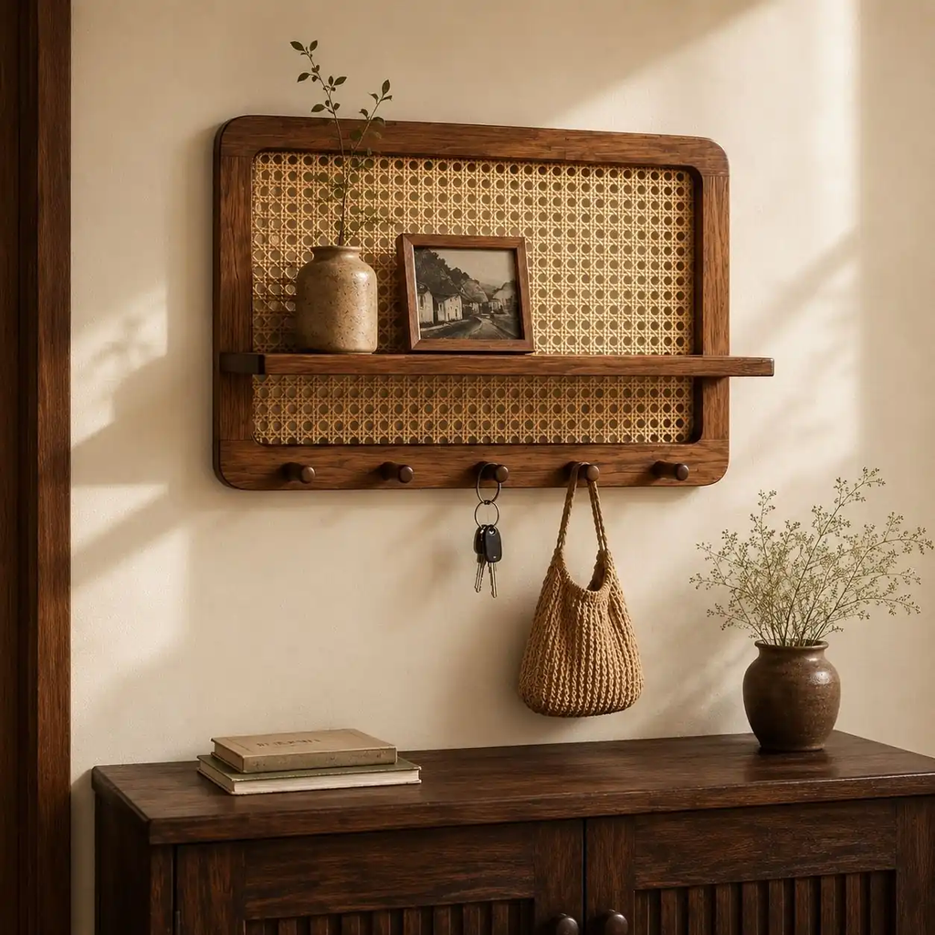 Kệ Treo Tường Gỗ Tần Bì Phối Mây Có Móc Treo Đa Năng | Decor Lối Vào Nhà Japandi | Flexfit Store