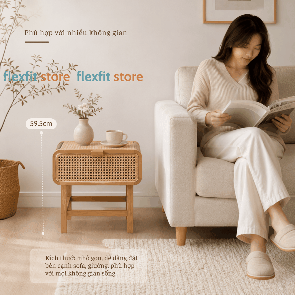 Tủ Tab Đầu Giường Gỗ Tần Bì Phối Mây Mắt Cáo| Bàn Trà Cạnh Sofa Đa Năng | Japandi Wabi Sabi Cao Cấp