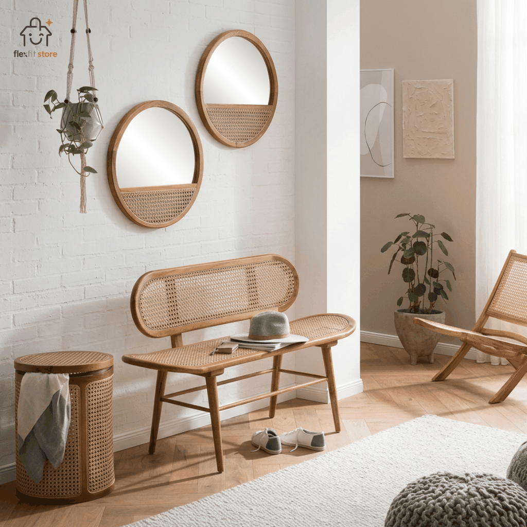 GƯƠNG DECOR TRÒN KHUNG GỖ TẦN BÌ PHỐI MÂY MẮT CÁO PHONG CÁCH JAPANDI