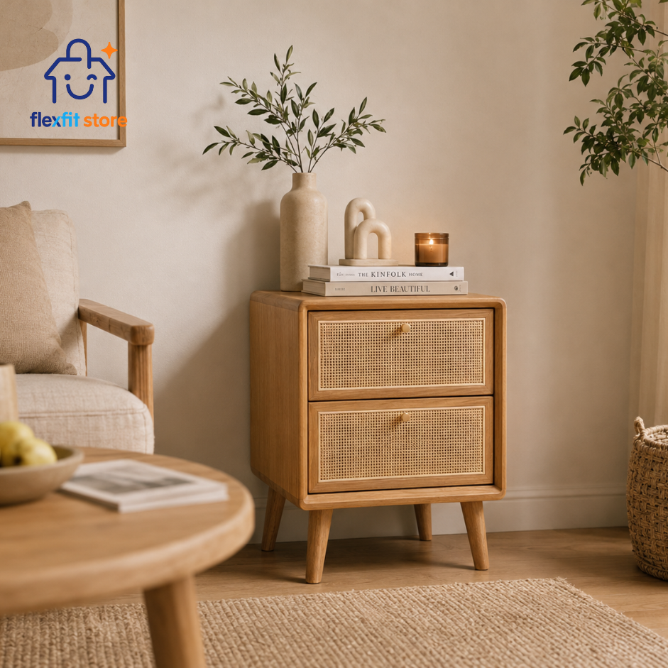Tủ Tab Đầu Giường Gỗ Tần Bì Phối Mây 2 Ngăn | Tab Decor Đa Năng Japandi - Flexfit Store
