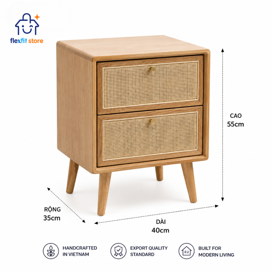 Tủ Tab Đầu Giường Gỗ Tần Bì Phối Mây 2 Ngăn | Tab Decor Đa Năng Japandi - Flexfit Store