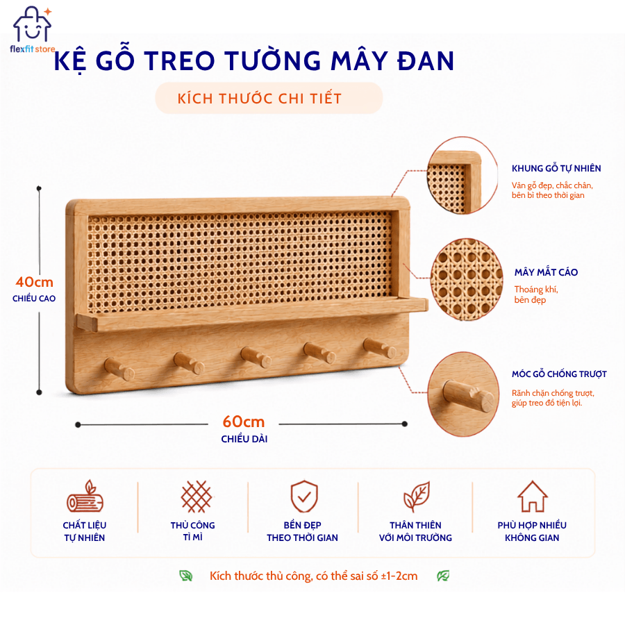 Kệ Treo Tường Gỗ Tần Bì Phối Mây Có Móc Treo Đa Năng | Decor Lối Vào Nhà Japandi | Flexfit Store