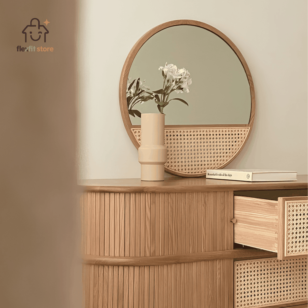 GƯƠNG DECOR TRÒN KHUNG GỖ TẦN BÌ PHỐI MÂY MẮT CÁO PHONG CÁCH JAPANDI