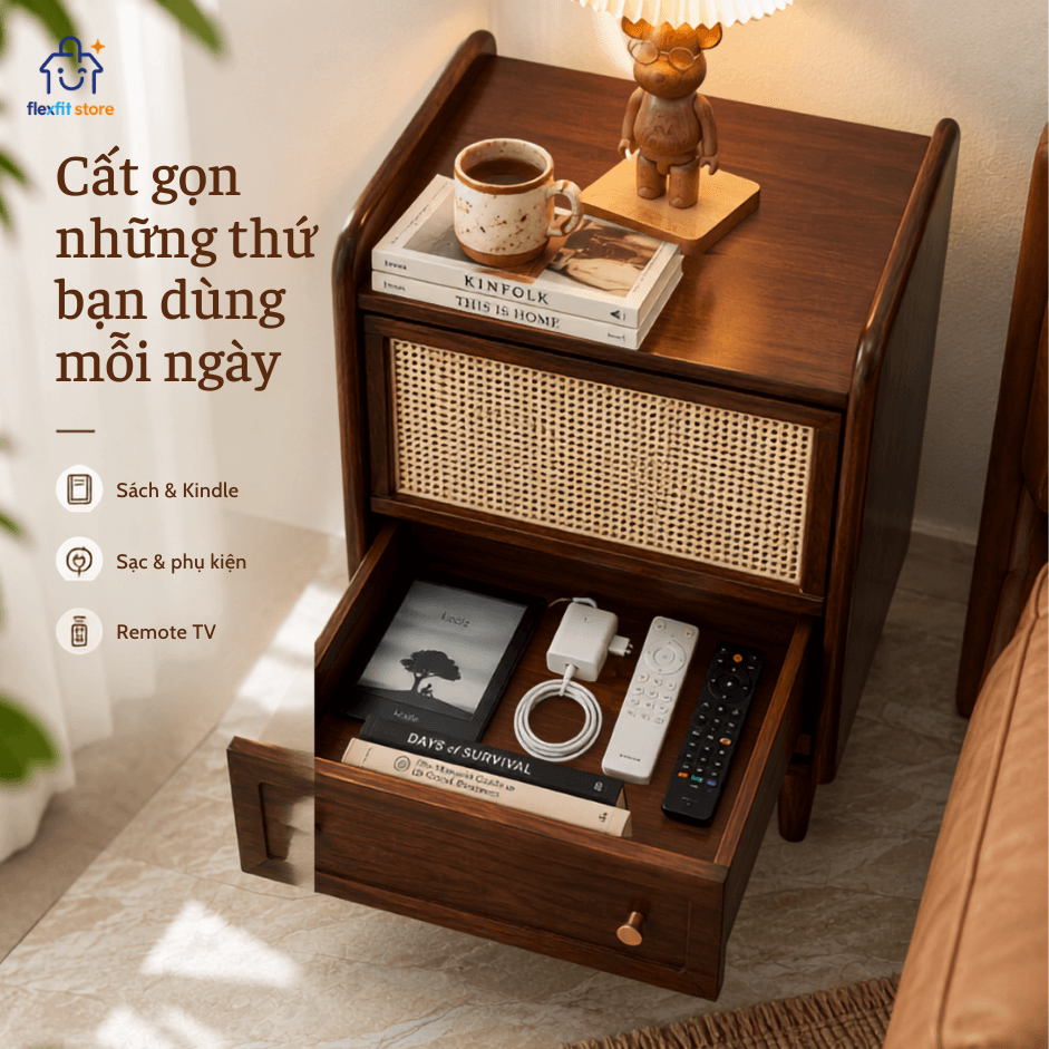 Tab Đầu Giường Gỗ Óc Chó Phối Mây Mắt Cáo Đa Năng | Phong Cách Japandi & Mid-Century Modern