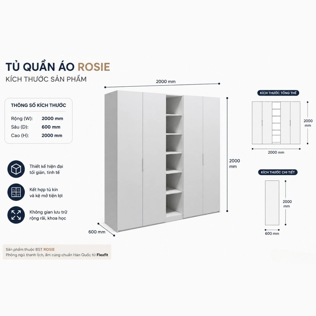 Tủ Quần Áo ROSIE|Tủ Quần Áo 4 Cánh Kết Hợp Kệ Mở Hiện Đại