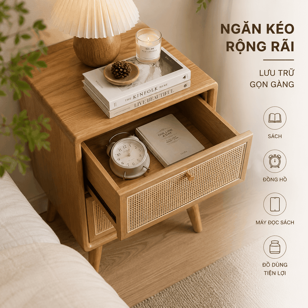 Tủ Tab Đầu Giường Gỗ Tần Bì Phối Mây 2 Ngăn | Tab Decor Đa Năng Japandi - Flexfit Store