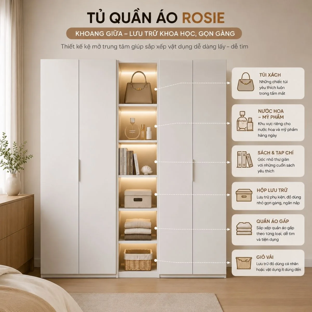 Tủ Quần Áo ROSIE|Tủ Quần Áo 4 Cánh Kết Hợp Kệ Mở Hiện Đại