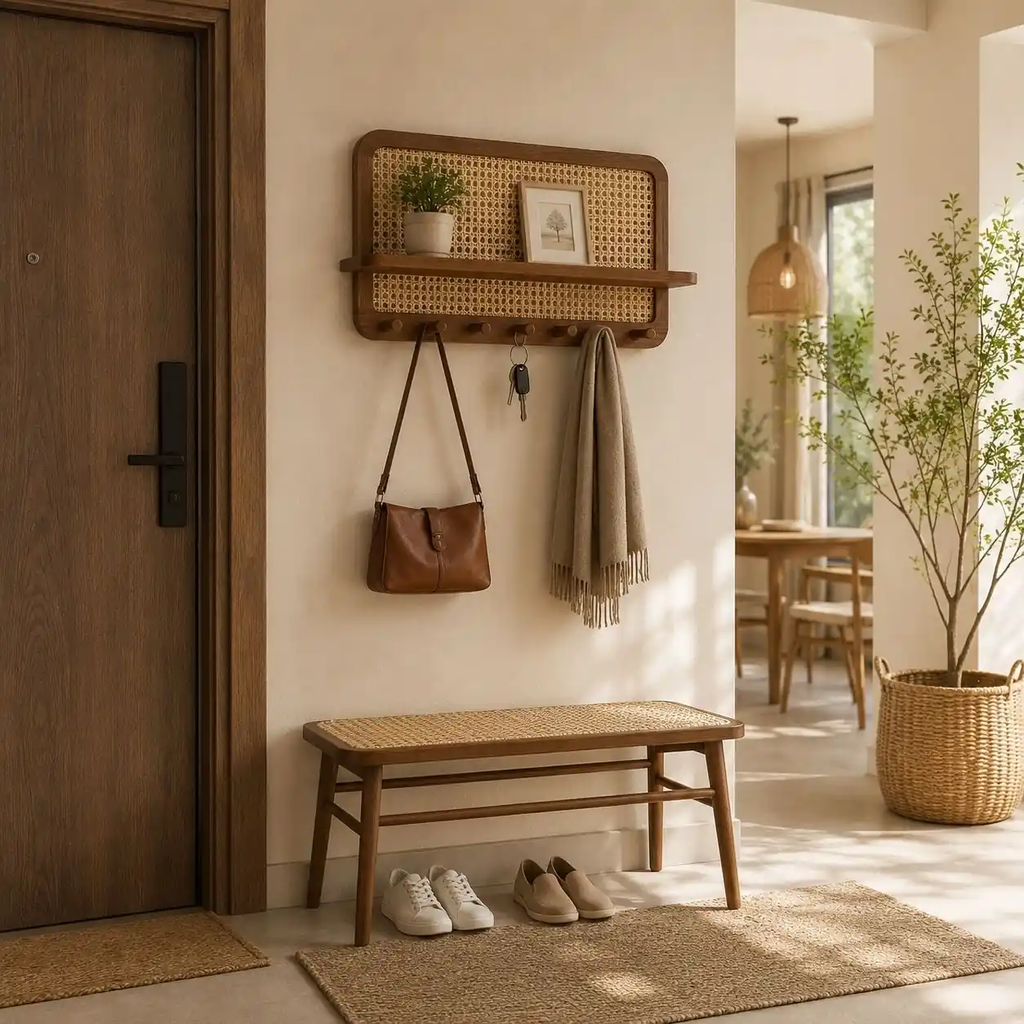 Kệ Treo Tường Gỗ Tần Bì Phối Mây Có Móc Treo Đa Năng | Decor Lối Vào Nhà Japandi | Flexfit Store