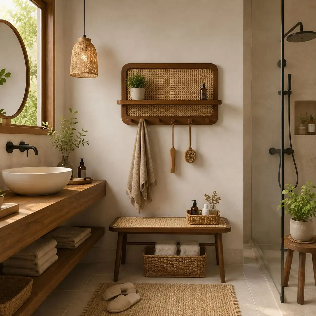 Kệ Treo Tường Gỗ Tần Bì Phối Mây Có Móc Treo Đa Năng | Decor Lối Vào Nhà Japandi | Flexfit Store