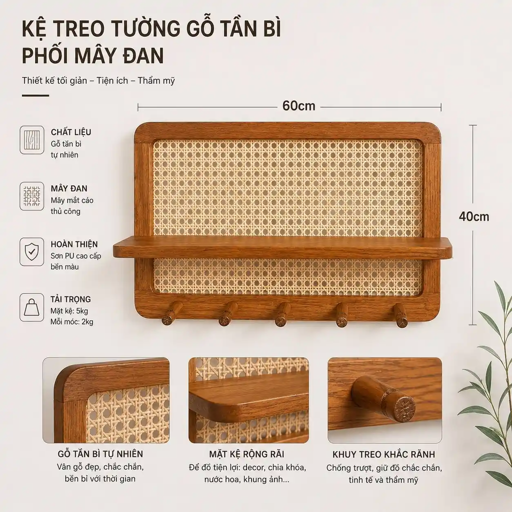 Kệ Treo Tường Gỗ Tần Bì Phối Mây Có Móc Treo Đa Năng | Decor Lối Vào Nhà Japandi | Flexfit Store