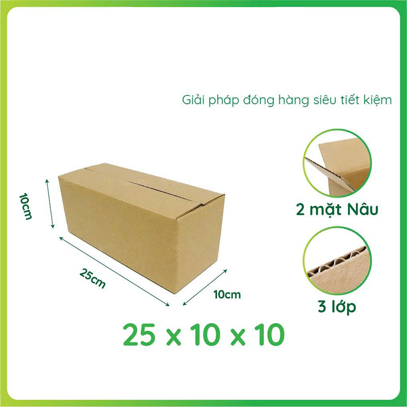 Hộp 25x10x10 cm - 3 lớp sóng B, mặt nâu, đáy mộc, nắp đối