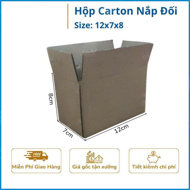 Hộp 12x7x8 cm - 3 lớp sóng B, mặt nâu, đáy mộc, nắp đối
