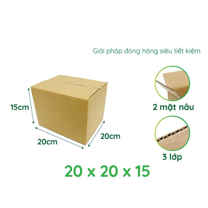 Hộp 20x20x15 cm - 3 lớp sóng B, mặt nâu, đáy mộc, nắp đối