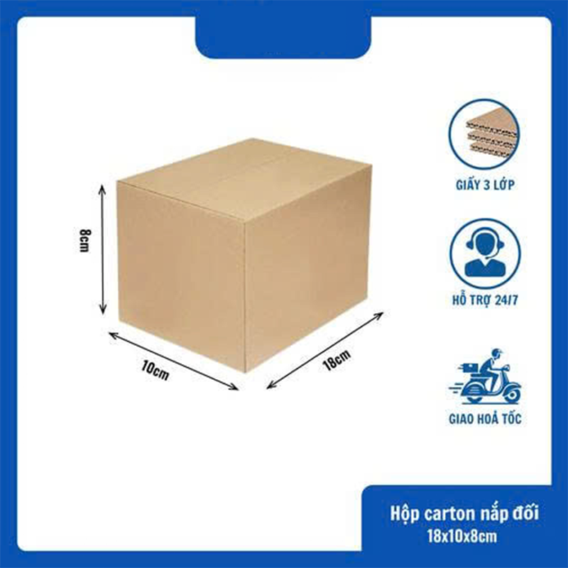Hộp 18x10x8 cm - 3 lớp sóng B, mặt nâu, đáy mộc, nắp đối