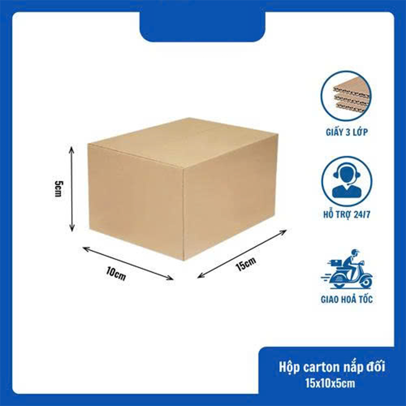 Hộp 15x10x5 cm - 3 lớp sóng B, mặt nâu, đáy mộc, nắp đối