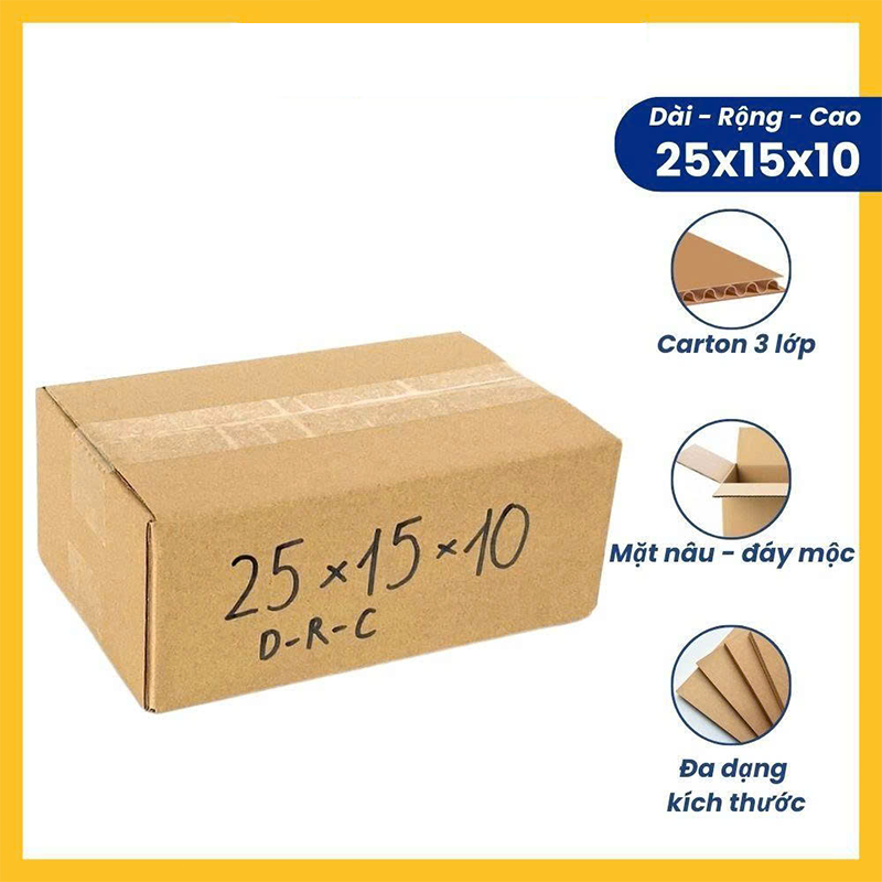Hộp 25x15x10 cm - 3 lớp sóng B, mặt nâu, đáy mộc, nắp đối
