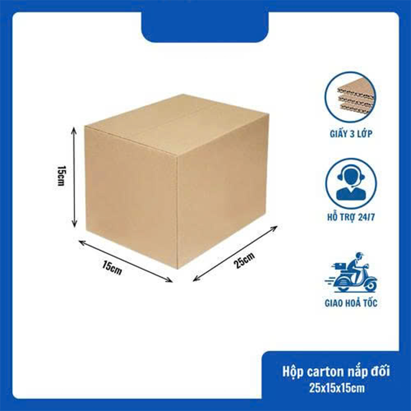 Hộp 25x15x15 cm - 3 lớp sóng B, mặt nâu, đáy mộc, nắp đối