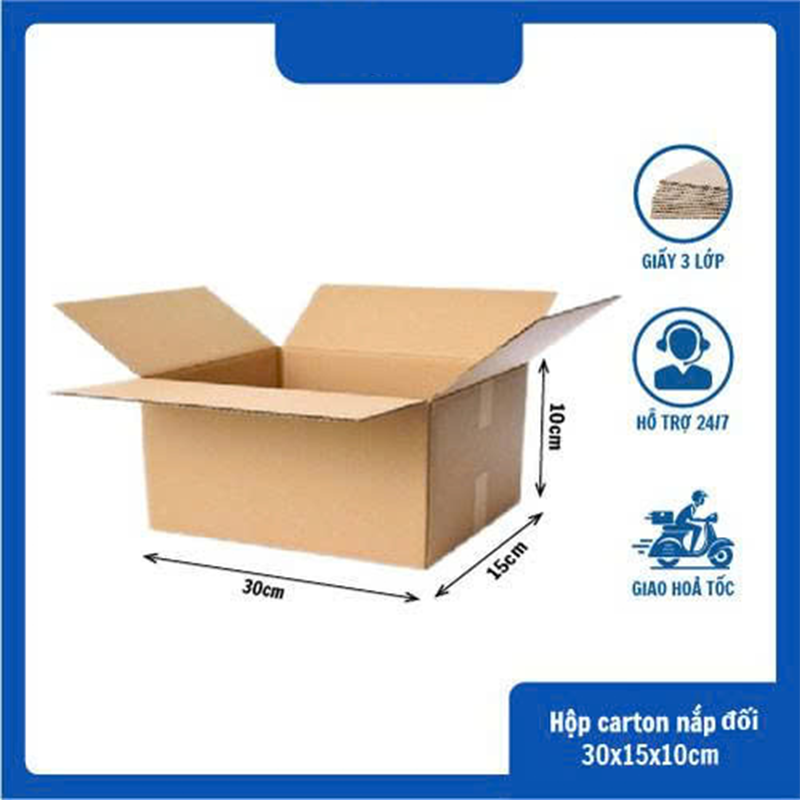 Hộp 30x15x10 cm - 3 lớp sóng B, mặt nâu, đáy mộc, nắp đối