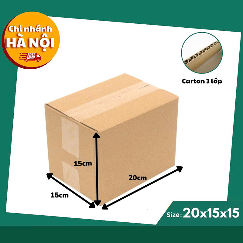 Hộp 20x15x15 cm - 3 lớp sóng B, mặt nâu, đáy mộc, nắp đối
